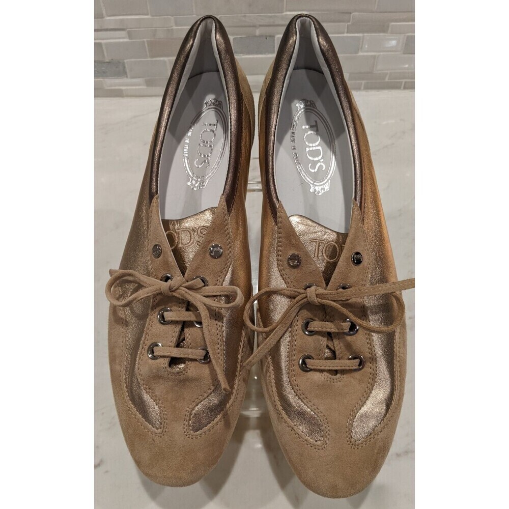Women's TOD'S Beige Leather & Metallic Gold/Pewter Leather Low-Top Sneakers 11.5 - Picture 2 of 13